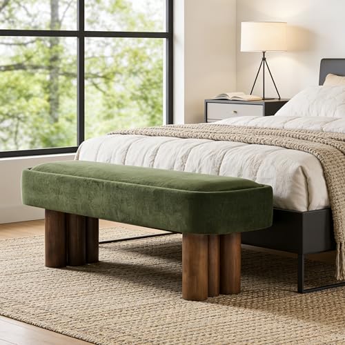 Upholstered Dining Bench, Olive Green Fabric Entryway Bench with Walnut Legs