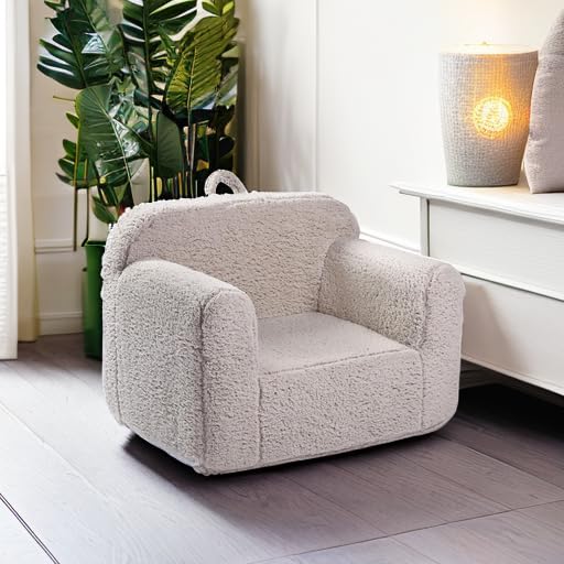 Kids Sherpa Chair - Light Grey Snuggly Soft Children's Sofa Seat with Handles