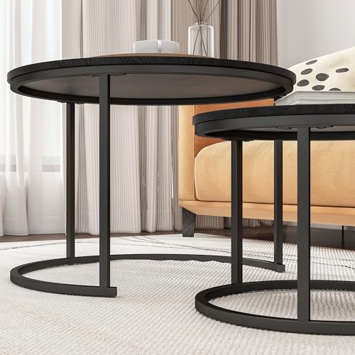 Round Nesting Coffee Table Set of 2, Wood and Metal Stackable Side Tables