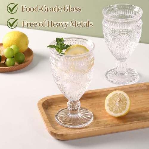 12oz Vintage Glass Goblets - Embossed Sunflower Pattern, 4-Piece Set