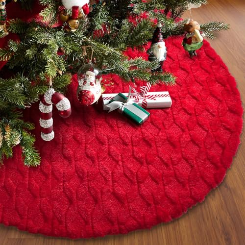 48-Inch Faux Fur Christmas Tree Skirt - Red Holiday Decoration for 6-9ft Trees