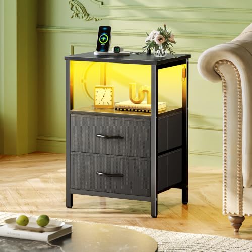 2-Drawer Nightstand with Charging Station and LED Lights, Bedside Table