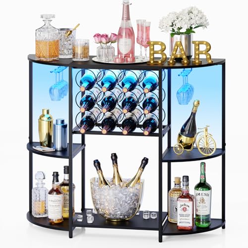 3-Tier Wine Bar Cabinet with Smart LED Lights & Glass Holder - Black