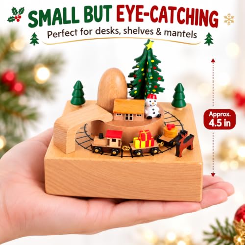 Wooden Christmas Music Box with Rotating Tree and Train - Wind-Up Holiday Decor