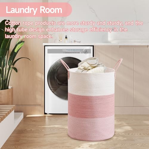 80L Large Cotton Rope Laundry Basket - Decorative Pink Storage Bin