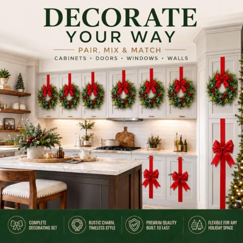 Classic Red 16-Piece Cabinet Decorating Set: 10 Large Bows + 6 Mini Wreaths
