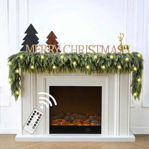 KIWDY 5FT Lit Cedar Garland with Lights - Realistic Faux Pine Deco for Mantle, Indoor/Outdoor