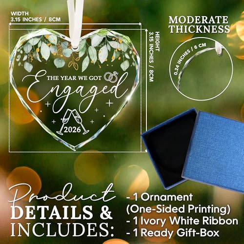 2026 Engagement Heart Glass Ornament - Keepsake Gift for Couples