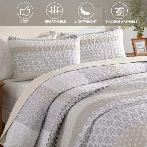 Beige Queen Quilt Set - Boho Striped Patchwork Bedspread (3-Piece)