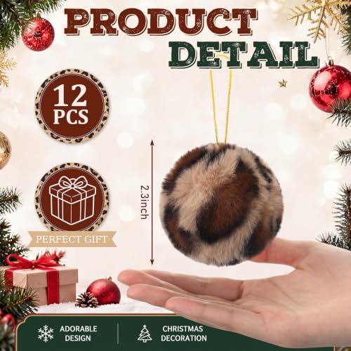 Leopard Print Christmas Ornaments - Faux Fur Balls for Holiday Decor, 2.3 Inches, Set of 12