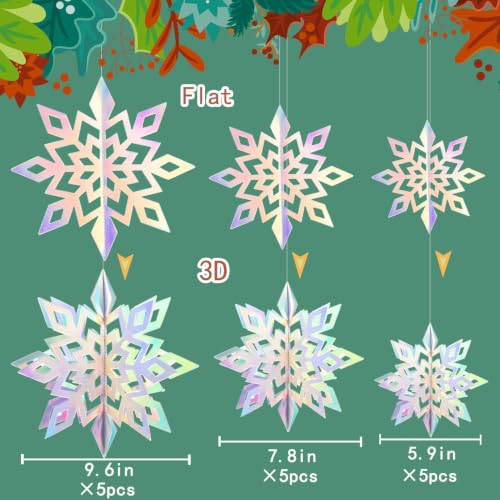 3D Iridescent Paper Snowflake Hanging Decorations for Christmas - 15 Pack