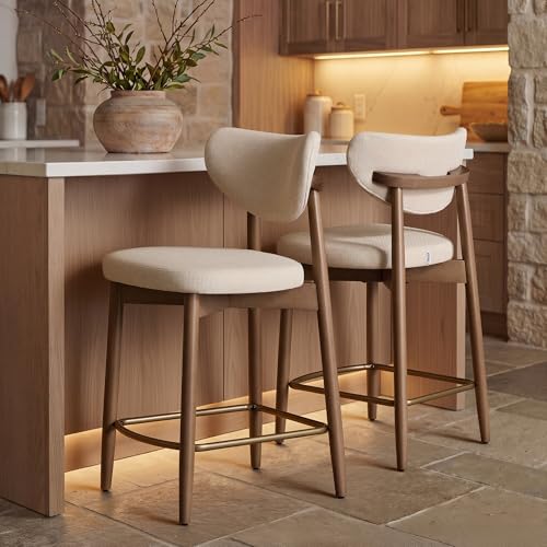 Set of 2 Upholstered Counter Height Bar Stools, Mid-Century Modern Fabric