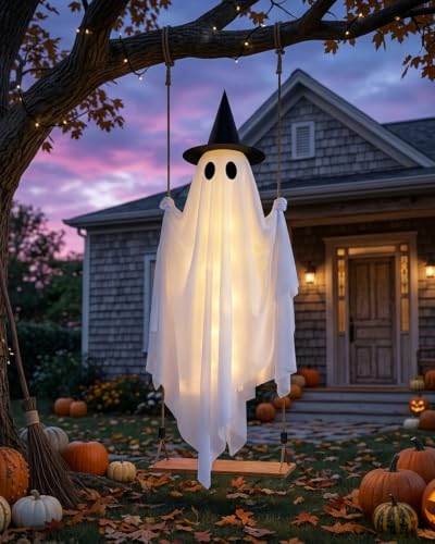 5FT Halloween Swinging Ghost Outdoor Decor with LED Lights and Detachable Witch Hat