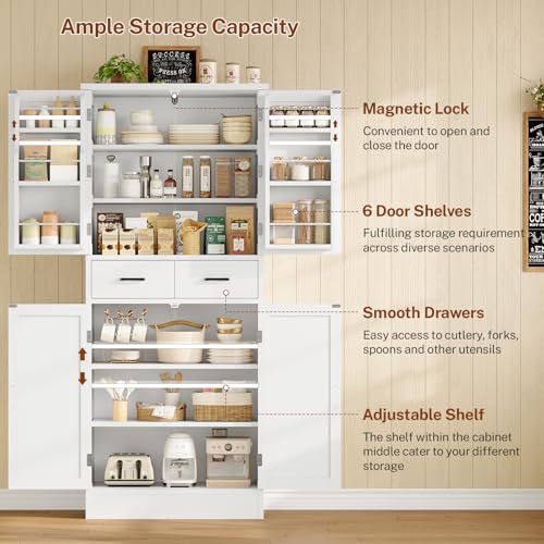 Tall Farmhouse Pantry Cabinet with Barn Doors, Adjustable Shelves & Drawer