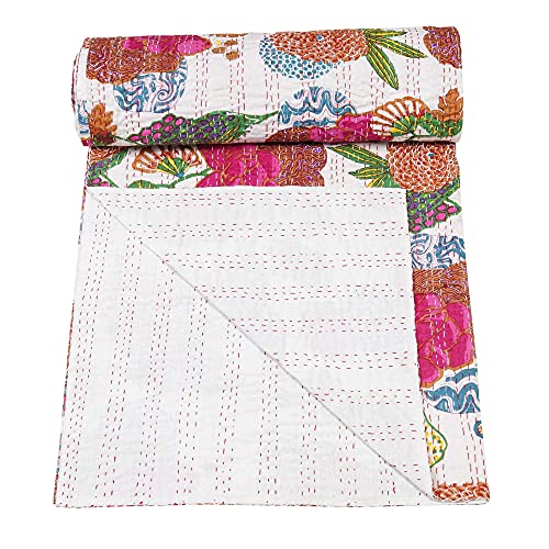 Handmade Reversible Cotton Kantha Quilt - Fruit Print, Twin Size