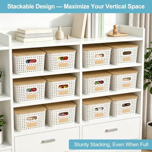Small Plastic Storage Bins with Bamboo Lids Stackable 6-Pack Cream White