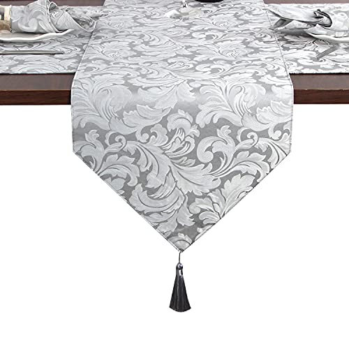 EHouseHome Silver Grey Reversible Jacquard Damask Table Runner with Tassels 13x72in - Water & Wrinkle Resistant