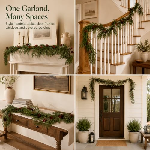 VellXelZor 9FT Artificial Christmas Garland Norfolk Pine with Berries and Pinecones