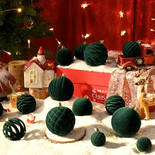 Green Velvet Christmas Ornaments Set - 38Pcs Flocked Holiday Tree Decorations