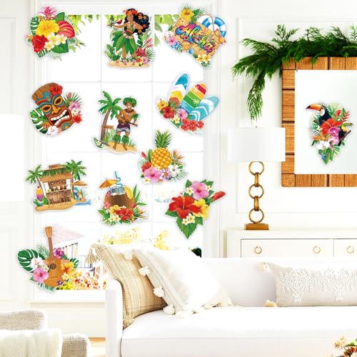 12-Piece Hawaiian Luau Party Decorations, Large Tropical Paper Cutouts