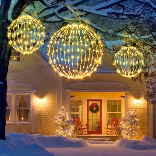 BSTGE 3-pack Outdoor Christmas Light Balls - Warm White, 8 Modes, Foldable