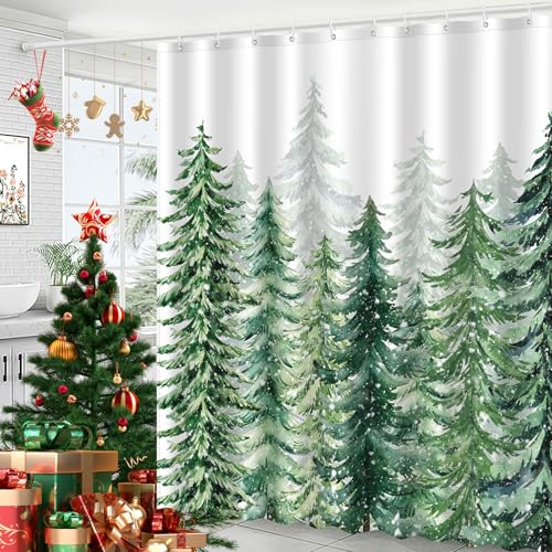 JWXCBIM Christmas Snowy Forest Shower Curtain 72x72 Inch with Hooks - Winter Xmas Pine Tree Holiday Bathroom Decor (Pack of 1)