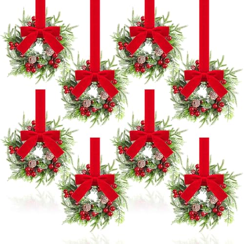 8 Pcs Mini Christmas Cabinet Wreaths, 9.5-Inch Artificial Pine Garland
