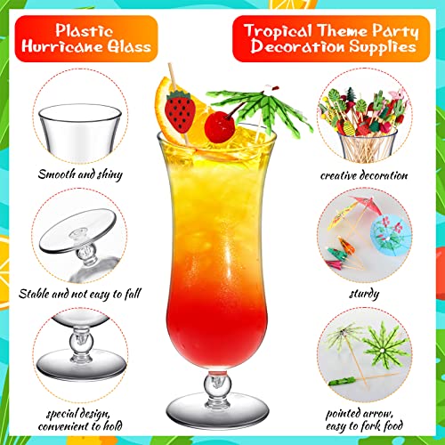 12 Pcs Plastic Hurricane Glasses & Cocktail Picks Set - 15oz Reusable Drinkware for Parties