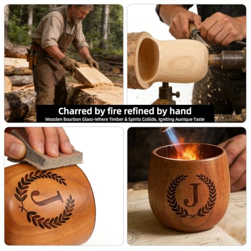 Personalized Charred Wooden Whiskey Glass for Men Dad Husband J - Bourbon & Spirits Gift