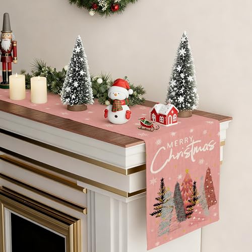 OTOSTAR Merry Christmas Table Runner 13x72 Inch - Pink Tree Snowflake Farmhouse Kitchen Decor