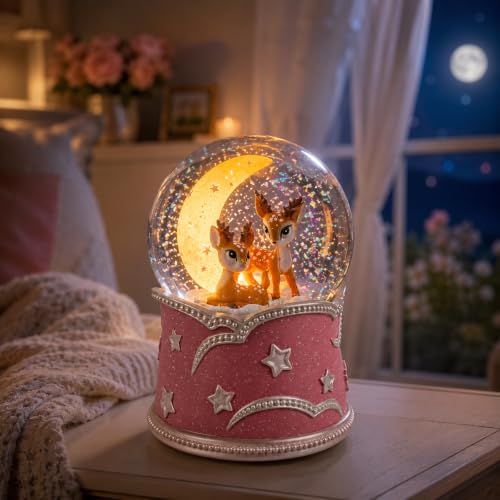 Pink Deer Snow Globe Music Box with Glowing Moon and Stars