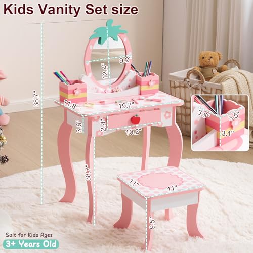 Kids Vanity Table and Chair Set with Fruit Print and Storage