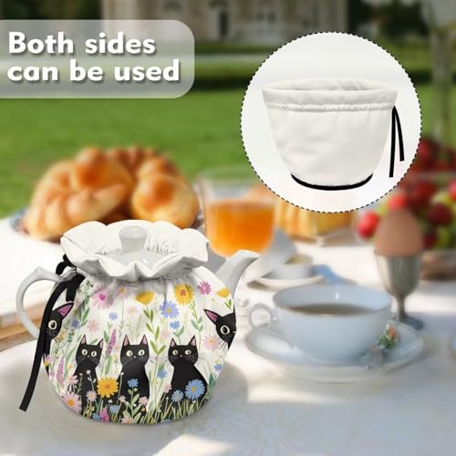 Insulated Tea Cozy with Black Cat and Floral Print for Teapots