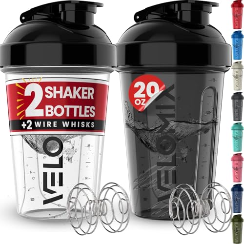 VELOMIX 2 Pack 20oz Protein Shaker Bottle with Wire Whisk
