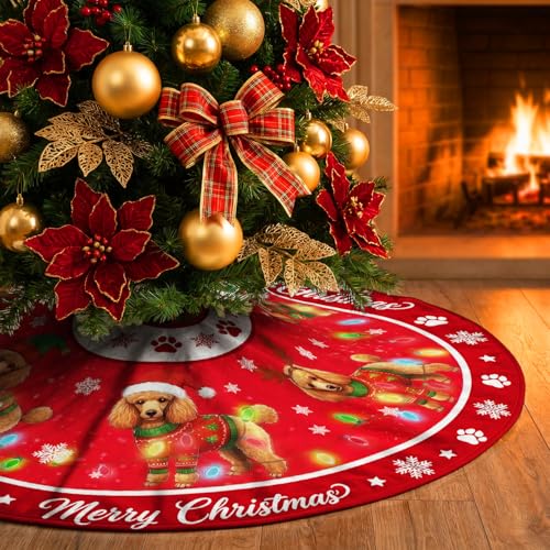 Poodle Christmas Tree Skirt 48 Inch - Indoor Outdoor Holiday Decor