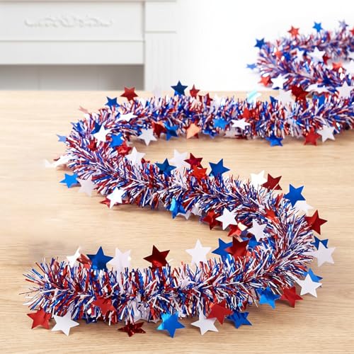 Patriotic Red White Blue Tinsel Garland with Stars - 52.5ft 4th of July Decor