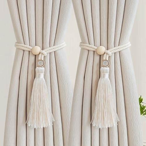 Minimalist Wooden Ring Curtain Tiebacks with Tassels - 2 Pack