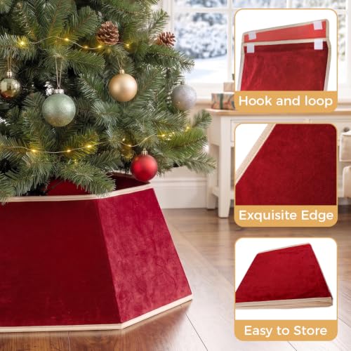 26-Inch Red Velvet Christmas Tree Skirt with Gold Trim & Fasteners