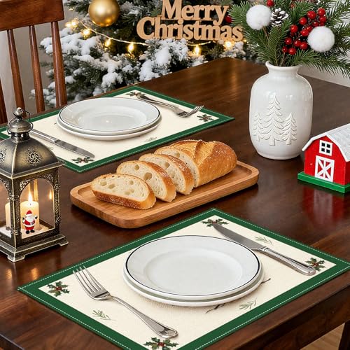 OTOSTAR Christmas Tree Green Placemats Set of 6, 12x18 Inch Holiday Table Decor