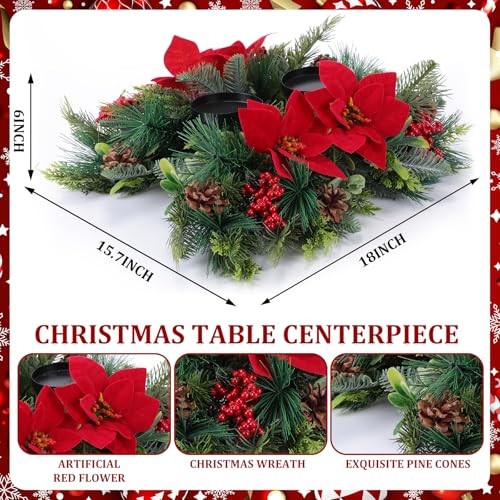 Kathfly 20" Poinsettia Centerpiece with 2 Candle Holders - Thick Red Poinsettia, Pine Cones & Berries (Variation: Thick / Poinsettia)