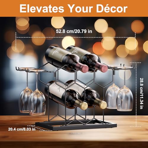 B4Life Black Countertop Wine Rack with Glass Holder - Holds 8 Bottles