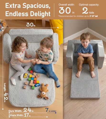 2-in-1 Sherpa Fold Out Kids Couch - Convertible Foam Sofa Chair, Gray