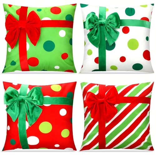 Breling 4 Pack Christmas Pillow Covers 20x20 Inch Red Green Stripe Dot Gift Box Design with 3D Bows