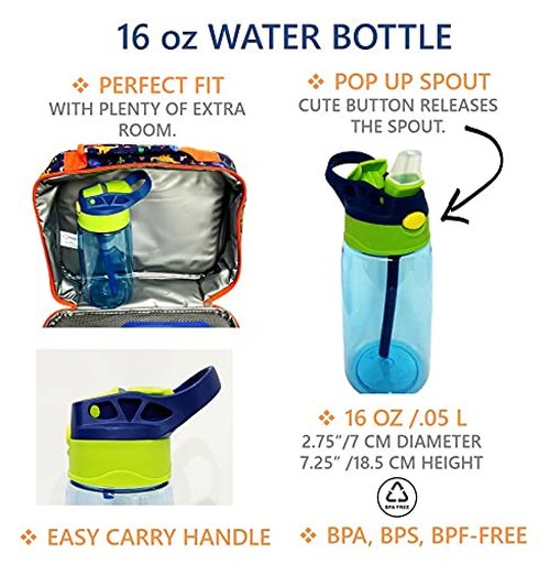 kinsho Lunch Bag with Water Bottle and Ice Pack Set, Boys Lunch-Box Set for Toddler Daycare or Pre-School, Kids Container for Lunches, Blue Orange Dinosaur