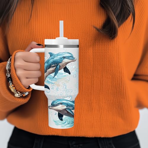 AMZUShome 40 OZ Dolphin Tumbler with Handle - Personalized Dolphin Lover Gift