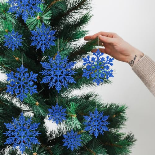 Royal Blue 36pcs Navy Blue Glitter Snowflake Ornaments for Christmas & Winter Decor