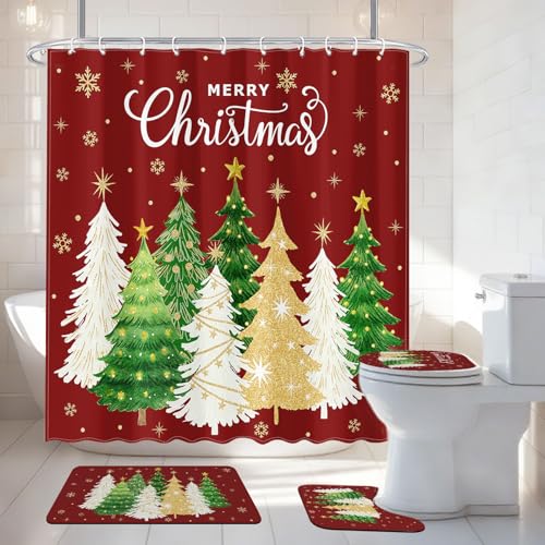 Christmas Tree Shower Curtain Set 4Pcs with Non-Slip Rug, Toilet Lid Cover & Bath Mat