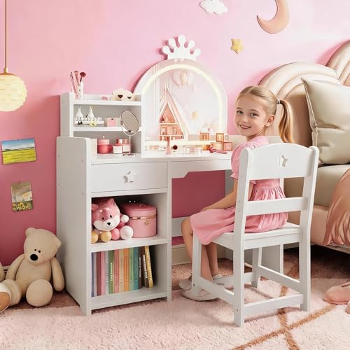 4-Piece Kids Vanity Set with Lighted Mirror, Chair, and Storage Cabinet