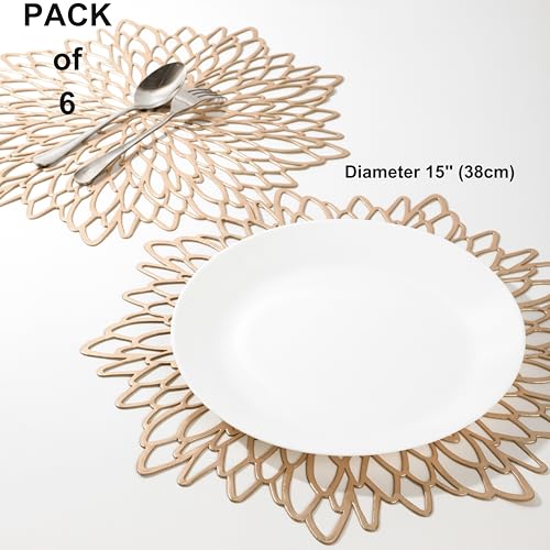 Snowkingdom Gold Placemats 6-Pack Leaf Design 15" Round Vinyl Table Mats