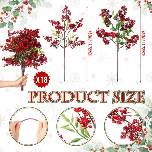 Tigeen 18 Pcs Artificial Red Berry Stems - Christmas Holly Branches, 18", Variation: Red Berry
